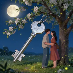 a young couple stands by apple tree. there is a very large silver key. fine detail. realistic. fireflies. full moon. colourful