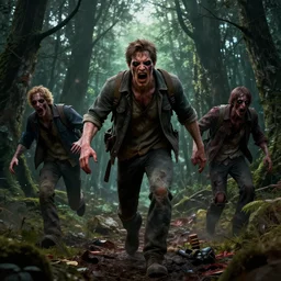 comic book front full colour hyperrealistic unreal engine 5 2022 zombies running through dark forest. Dramatic lights. Rtx raytracing.