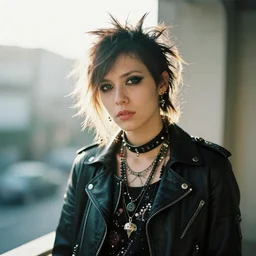 beautiful portrait of a androgynous person wearing punk outfit. in the morning, natural light, sigma 8 5 mm, nikon 5 0 mm f / 1. 8 g, by lee jeffries