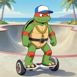 a dodo wearing a ballcap and gold chain around its neck, on a hover board at a skate park at the beach, 1990s cartoon, teenage mutant ninja turtles