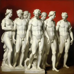a beautiful painting of a group of white human stone statues walking, oil paint, classic art, 1 6 century style, volume light, in the style of beksinski, parts by edward hopper, parts by rodcenko, parts by yue minjun, diego velazquez, intricate and epic composition, red by caravaggio, insanely quality, highly detailed,