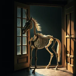 a photograph of an accurate unicorn horse skeleton standing next to an open window, dramatic lighting, cinematic, greg rutkowsky