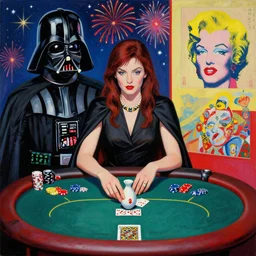single woman sitting at an extremely detailed poker table with the detailed darth vader, sake on the table, fireworks and stars on the background, canvas, acrylic paint, by roy liechtestein, by andy warhol, traditional chinese art, isometric, pop art, 4 k, ultra - hd