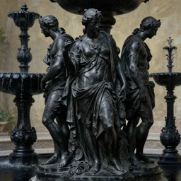 colonial statue dry garden black marble, stoic, shadowy figures covered in drapery, fountains of black ink, light dust, magnificent, hyperdetailed, theatrical, close up, masterpiece, painted by jean honore fragonard and greg rutkowski and rob alexander