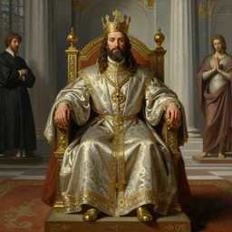 Realistic painting of priest king in detailed costume, sitting on a throne in a throne room in a palace , high-detailed oil painting by Ilya Repin, William Blake, Michelangelo da Caravaggio, Alex Grey and Beksinski, masterpiece, 4k