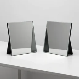 two square mirrors standing parallel to each other refracting each other recursively on a white table, octane render 8 k