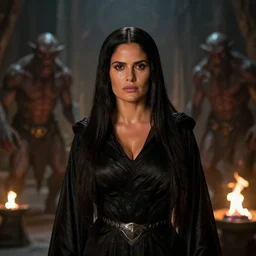 epic photo of salma hayek as beautiful wizard wearing a black satin robe and metal belt in lord of the rings with long straight black hair surrounded by terrifying monstrous orcs in the mines of moria, sweaty, detailed eyes, neutral expression, shallow depth of field, photorealistic, cinematic lighting, lovely bokeh, dungeon setting, dark moody light, strong rim light, movie quality, fire light, flames, lord of the rings 1 9 8 5, movie still