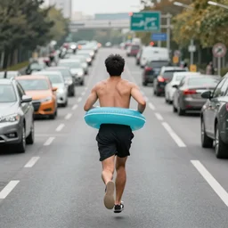 a man wearing a pool tube running down a busy highway