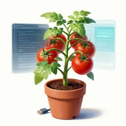 a potted tomato plant with an ethernet connection, its leaves and tomatoes form a web developer interface for html 5 iot web 2. 0, very detailed digital painting trending on artstation