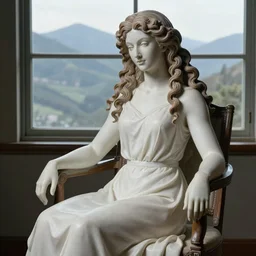 A beautiful sculpture of a woman with long curly hair, wearing a white dress and sitting in a chair in front of a window with a view of a mountainside. deep by Yoshitaka Amano, by Lawren Harris detailed, rigorous