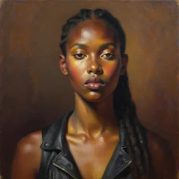 detailed portrait in strong femininity, ethnic, realistic face sculpted features, statuesque model, modern fashion, aggressive streetwear, warm glow, supple, bathed in light, chiaroscuro, specular highlights, angular impressionism, radiosity, deep rich tones, contemporary art, oil on canvas