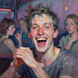 highly detailed expressionist oil painting of cyberpunk bar full of people, close up man laughing, expressive, impasto, pastel shades, rough canvas textured, dynamic pose, top lighting, loose brush strokes, perfect face, hyper detailed face, digital painting, artstation, concept art, hyper detailed eyes, art by sam spratt and peter mohrbacher and james jean