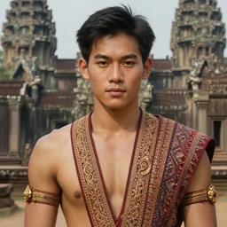 a smart and handsome and beautiful thai male dressed as hunter in armed, close - up portrait, with karen ethnic group traditional clothing as https : / / images. app. goo. gl / xgsphddblucajuos 5, ancient khmer ruin in background, intricate, elegant, loin cloth, highly detailed, oil painting, artstation, concept art, matte, sharp focus,