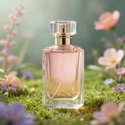 perfume bottle in a artistic enchanted flower garden grass soft femme, softly - lit, highly detailed, realistic, up close shot, unreal engine, f 2 0