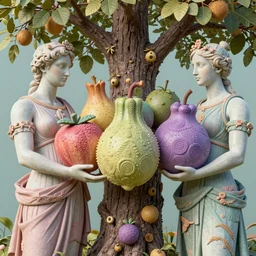 cyber humans under a tree, holding huge interesting elaborate coloured fruits. in the style of Michelangelo, with liberty and flemish baroque mixed media details. vibrant vivid 3d textures in natural pastel tones. matte background HD 8x