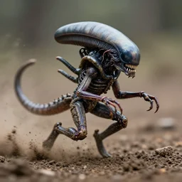 action photography, long shot, award winning macro photo of a tiny ultra detailed muddy xenomorph running fast in mud, dirt and dust, fast shutter speed, motion blur, tiny gaussian blur, highly detailed, highly intricate, depth of field, national geographic