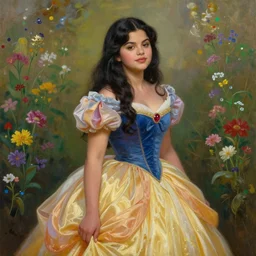 beautiful thirty year old woman with long black hair, tan skin, curvy hourglass figure, round cute face, slight resemblance to selena gomez wearing a colorful winter disney princess gown in a field of flowers. beautiful painting by artgerm and greg rutkowski and lois van baarle and bouguereau