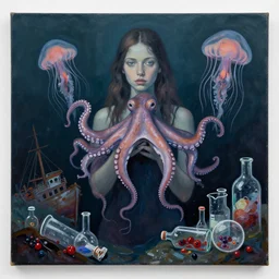 a dark watery portrait, a female art student holding an octopus, jellyfish, shipwreck, berries, trash, empty pet bottles, scientific glassware, neo - expressionism, surrealism, acrylic and spray paint and oilstick on canvas