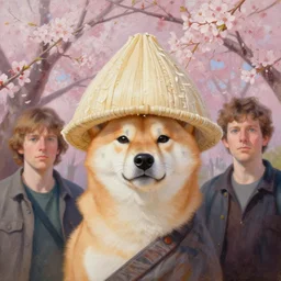 shiba inu samurai wearing a rice hat, under a sakura tree by greg rutkowski, chris tulloch mccabe and asher duran, ultra realistic, oil painting
