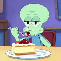 a photograph of squidward eating cake