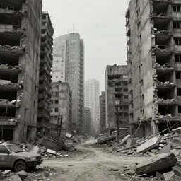 a brutalist city, buildings with crumbling concrete and rubble strewn across the streets - H 1000