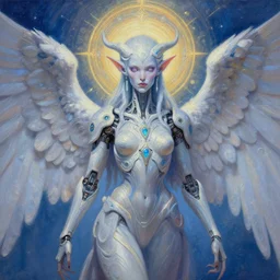 Shoulder level close up portrait of a seraphim angel fused with wisp night elves from warcraft 3 , neo solar punk future future metaverse minimal intricate cyborg, sculpted technology tech techno angelic warrior by Mandy Jurgens, cartoon, oil painting , visionary art, symmetric, Heavenly symbols, holy halo, astral patterns, sci-fi