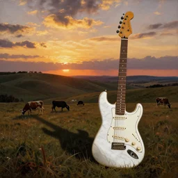 a deeply receding landscape, hills covered with grazing cattle, a sunset with glowing clouds, a marble stratocaster guitar, long dark shadows, by henri rousseau, moucha, stanley kubrick, masterpiece, beautiful, deep spatial depth, atmospheric perspective