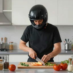 person in a kitchen, wearing a closed black motorcycle helmet over face, cutting food with a knife, in a modern kitchen, painting by mark keathley