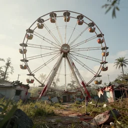 post apocalyptic amusement park, giant wheel, morning, by ricardo bofill, apocalyptic color palette, trending on artstation, photorealistic, wilderness ambiance, ultra detailed, high definition, depth of field, bokeh, rubble, wild vegetation, blood stains, building crumbling