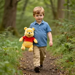 photo of christopher robin holding a winning the pooh plush walking through the forest