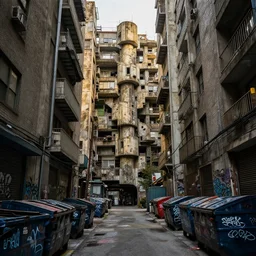 looking down a claustrophobic urban alley with dumpsters graffiti and power lines in east vancouver, art by dora carrington, brutalism, hi res, unreal engine, 8 k, ultra - realistic, gritty, 1 0 0 mm, volumetric lighting, golden ratio, intricate detailed, jaw dropping, gorgeous, surreal, octane render