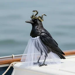 crow in a yacht wearing a tulle dress with a crown made up of snakes