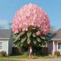 giant rhododendron flower head, woman walking between houses, surreal photography, blue sky, realistic, digital painting, artstation, wes anderson