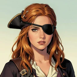 Joshua Middleton comic art, pretty female Phoebe Tonkin, pirate, black eye patch covering left eye, evil smile, pirate clothing, long wavy black hair, full body:: sunny weather::
