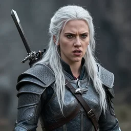 scarlett johansson cast as ciri in the witcher netflix series, battle scene, wearing armour, long white hair, glaring angrily