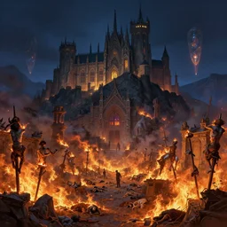 burning ancient city with bodies impaled on stakes in front of a grand gothic castle on a mountain night, a burning battleground and bodies below by greg rutkowski craig mullins ross tran mucha levitating lumen reflections matte painting fantasy specular lighting trending on artstation
