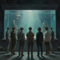 a group of people standing in front of a large aquarium, an ultrafine detailed painting by george tooker, cgsociety, massurrealism, matte drawing, lovecraftian, dystopian art