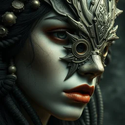 woman portrait, face, volumetric, wearing a carved half mask with tiny mineral incrustations, godness, ethereal, mech, evil, elements, baroque, rococo, ink, tarot card enviromet, cinematics lights, detailed, intricate illustration, octane render, fractal, fine art by marc simonetti & peter mohrbacher