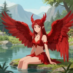 prompt Young Harpy-Girl, red feathered wings, sitting at a pond, mountainous area, trees in the background, digital art