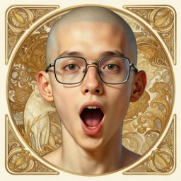 asymmetrical!! portrait of a bald soyboy wearing square glasses with wide open mouth, intricate, elegant, highly detailed, digital painting, artstation, biolusence, concept art, smooth, sharp focus, illustration, art by artgerm and greg rutkowski and alphonse mucha, horizon zero dawn 8 k