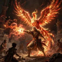 wizard in battle throwing an exploding phoenix at his enemies