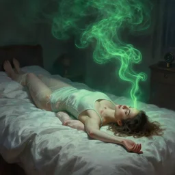 a woman floating abover her bed at night, astral projection, green smoke?!!...! surreal concept art, lifelike, photorealistic, digital painting, aesthetic, smooth, sharp focus, artstation hd, artgerm and by greg rutkowski, bruce pennington, valentina remenar, rhads, asher duran,