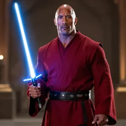 Dwayne Johnson in Jedi Robes holding a lightsaber