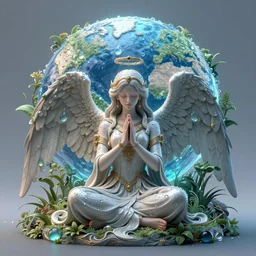 in world of dew, and within every dewdrop a world of struggle., fantasy intricate elegant angel sits in prayer under, lush volumetric lighting 3 d modelling