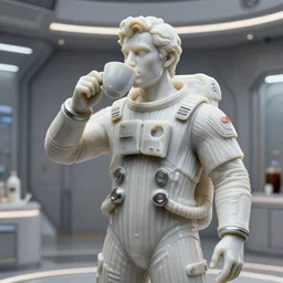 ☕, portrait of a single handsome italian male onyx statue wearing striped haute couture futuristic astronaut suit and drinking, huge cups of coffee in a futuristic setting, 3 d photorealistic, parts by beksinski, parts by goro fujita, parts by yue minjun