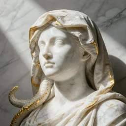 white marble with gold accents, cloth draped over a head, tentacles limbs, by ellen jewett