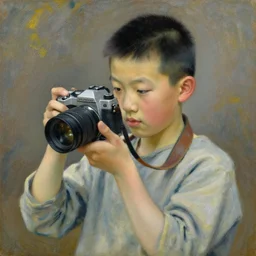 impressionist painting of a chinese boy with buzz cut holding a camera