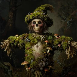 a close - up renaissance portrait of a scarecrow covered in moss, mushrooms, and swamp. studio lighting. stark lighting. highly detailed science fiction horror painting by norman rockwell, frank frazetta, and moebius. gloomy dark environment, blurry organic dark background. sci - fi renaissance masterpiece