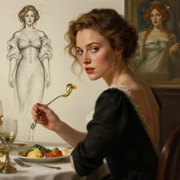 lena headey eating dinner, character sheet, character design, contrast, deep focus, turnaround, highly detailed, dramatic lighting, digital painting, artstation, concept art, matte, sharp focus, illustration, elegant, art by artgerm and greg f and alphonse mucha.