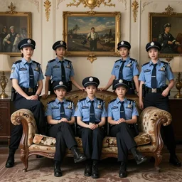 a group of police cop girls sitting on an old broken antique couch in an old room with paintings, very detailed, modern, gold ornaments on the walls, 2 2 century, ultrarealistic, dramatic lighting, electrical details, high details, 4 k, 8 k, best, accurate, trending on artstation, artstation, photorealism,
